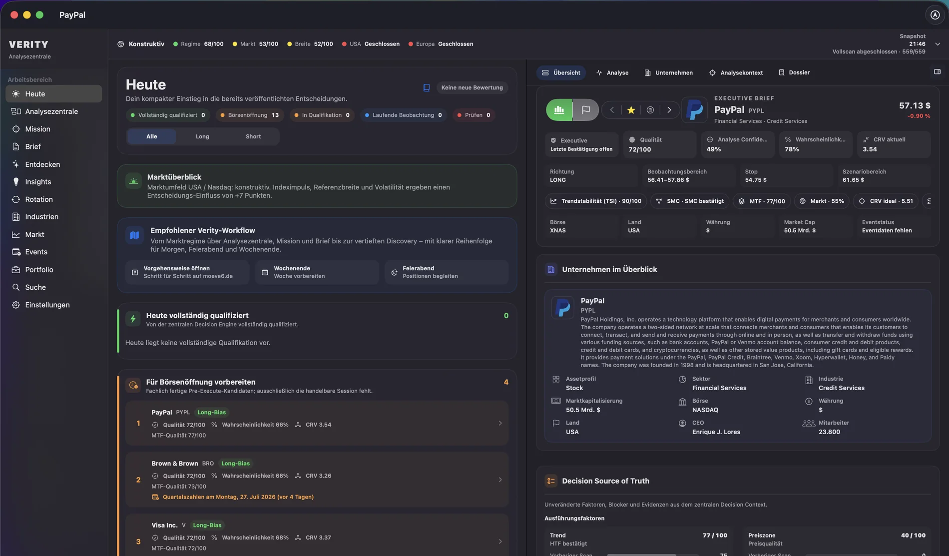 Verity Assets auf macOS mit Markt-, Analyse- und Entscheidungsansicht